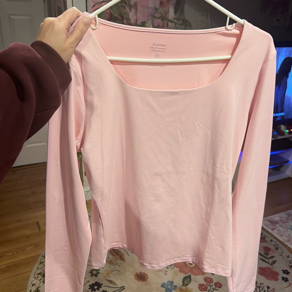 Automet Pink Skims-Style Long Sleeve Top w Built-In Bra